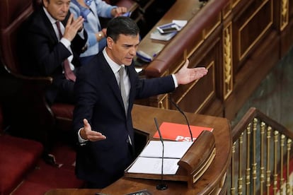 Pedro Sánchez durante o debate da moção de censura, nesta quinta-feira.