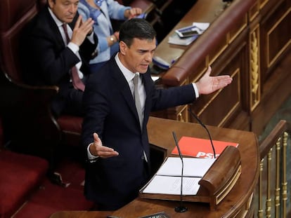 Pedro Sánchez durante o debate da moção de censura, nesta quinta-feira.