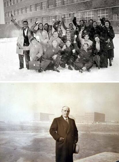 Un grupo de estudiantes, delante de la Facultad de Filosofía de Madrid, en 1933. A la izquierda, José Ortega y Gasset, en 1934, y al fondo, el edificio.