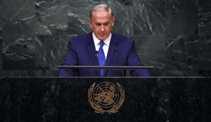 El primer ministro israelí, Benjamín Netanyahu, se dirige al plenario de Naciones Unidas, este jueves en Nueva York.