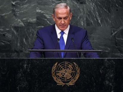 El primer ministro israelí, Benjamín Netanyahu, se dirige al plenario de Naciones Unidas, este jueves en Nueva York.