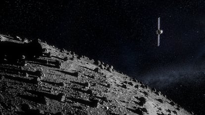 Representación artística de 'Hera' aproximándose al asteroide Dimorfo