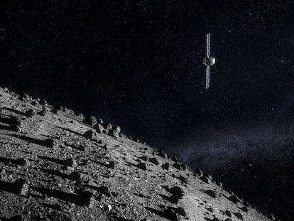 Illustration of a 'Hera' probe approaching the Dimorphos asteroid.