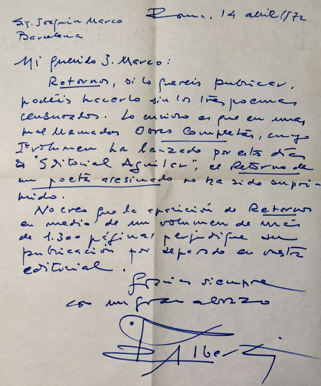 Carta manuscrita de Rafael Alberti, datada a Roma, el 14 de abril de 1972.