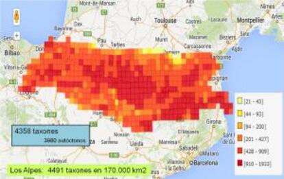 Densidad de las especies de flores de los Pirineos. El gráfico mide qué variedad de especies hay en cada región (cuanto más cálido el color, mayor densidad).