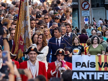 A la izquierda, la alcaldesa de Valencia, María José Catalá, con el presidente valenciano, Carlos Mazón, ambos del PP, en la Processó Cívica de este lunes por la mañana. A la derecha, la diputada de Compromís Àgueda Micó, en la manifestación de la tarde.