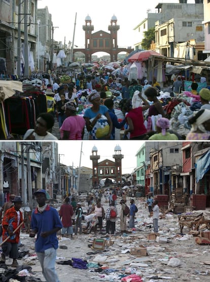 El centre de la ciutat de Port-au-Prince el 29 de desembre del 2014 (a dalt) i el 14 de gener del 2010, dos dies després del terratrèmol.