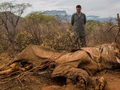 Yao Ming junto a los restos de un elefante en la reserva de Samburu, el 16 de agosto, en Kenia.