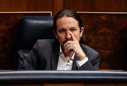 Pablo Iglesias, durante la sesión de control al Gobierno este miércoles en el Congreso.