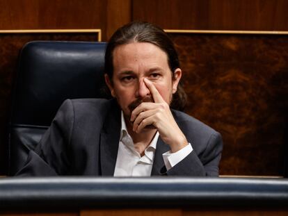 Pablo Iglesias, durante la sesión de control al Gobierno este miércoles en el Congreso.