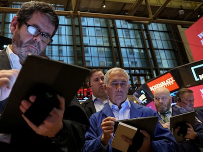 Traders work on the floor of the New York Stock Exchange (NYSE) in New York City, February 17, 2023.