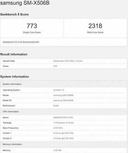 Resultado tablet Samsung en Geekbench