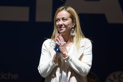 Giorgia Meloni, durante el acto en la Piazza del Popolo este jueves.

