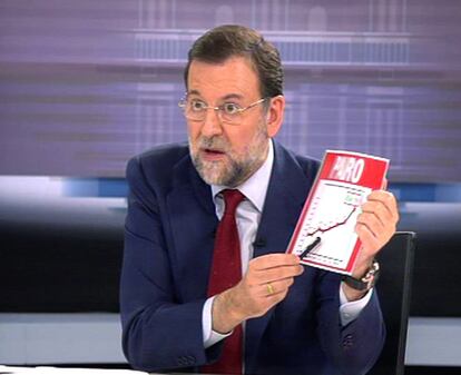 Rajoy muestra un gráfico con datos sobre el paro en España mientras se dirige a su oponente en el transcurso del primer debate electoral de las elecciones generales de 2008
