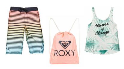 De izquierda a derecha: DC Shoes boardshorts para hombre, bolsa de cordones Roxy de color rosa y licra para Mujer POP Surf C.