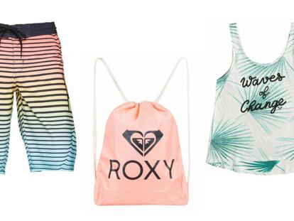 De izquierda a derecha: DC Shoes boardshorts para hombre, bolsa de cordones Roxy de color rosa y licra para Mujer POP Surf C.