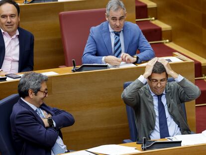 El presidente de la Generalitat, Carlos Mazón (derecha) , junto al vicepresidente, Vicente Barrera, durante un pleno de Les Corts Valencianes, en mayo.