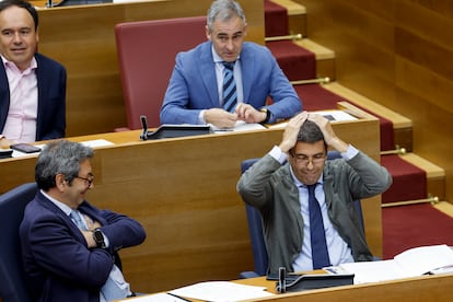 El presidente de la Generalitat, Carlos Mazón (derecha) , junto al vicepresidente, Vicente Barrera, durante un pleno de Les Corts Valencianes, en mayo.