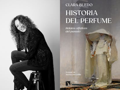 A la izda., retrato de la autora Clara Buedo. A la dcha., portada de su libro 'Historia del perfume. Relatos olfativos del pasado' (Catarata, 2024).