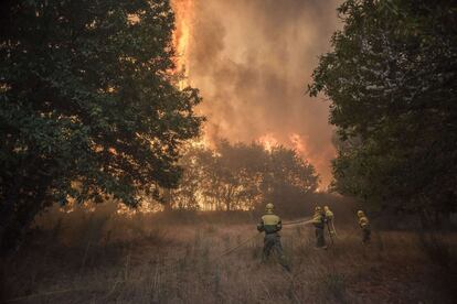 Los bomberos trabajan en el lugar de un incendio forestal en Lucenza, en Cualedro, cerca de Ourense.