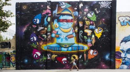 El mural creado a cuatro manos entre Cranio y Pez en la calle Venezuela.