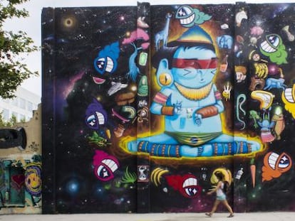 El mural creado a cuatro manos entre Cranio y Pez en la calle Venezuela.