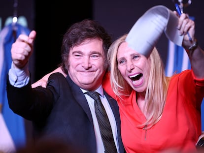 Argentine presidential candidate Javier Milei and his sister Karina Milei react to the results of Argentina's runoff presidential election, in Buenos Aires, Argentina November 19, 2023. REUTERS/Agustin Marcarian