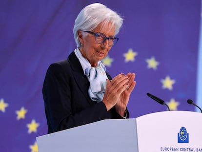 Christine Lagarde, presidenta del BCE, durante una conferencia de prensa en Fráncfort, en abril.