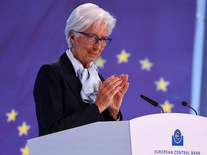 La presidenta del BCE, Christine Lagarde, en rueda de prensa el pasado 11 de abril.