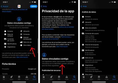 Información de privacidad de Gmail en iOS.