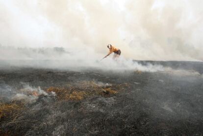 Un habitante de Korovino, a 90 kilómetros al sureste de Moscú, intenta sofocar el fuego en los pastos que rodean la localidad.