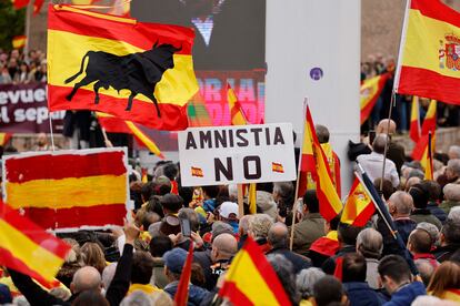 Ambiente de la protesta en la plaza de Colón, este domingo.