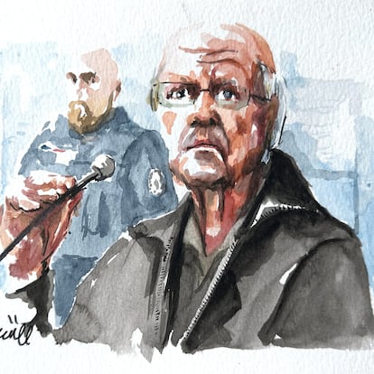 French ex-surgeon Joel Le Scouarnec, accused of rape and sexual assault against hundreds of children over several decades, is seen during his trial in this courtroom sketch at the courthouse in Vannes, France, February 24, 2025. REUTERS/ZZIIGG NO RESALES. NO ARCHIVES