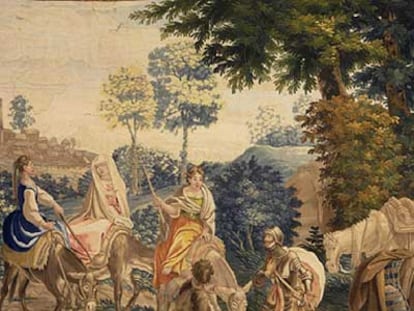 Fragmento del tapiz &#39;Las tres aldeanas&#39; (1722-1745), en la exposición &#39;El Quijote. Biografía de un libro&#39;.