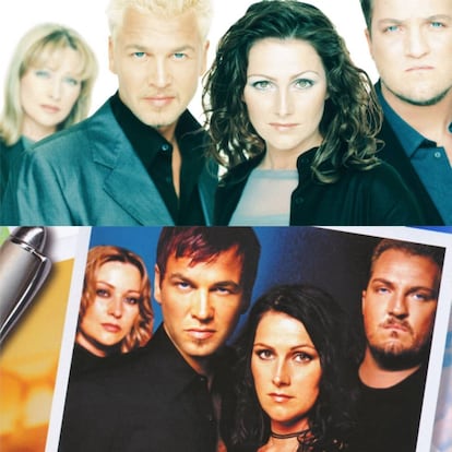 Detalles de las portadas de los dos últimos discos de la formación original de Ace of Base: tanto en 'Flowers' (1998, arriba) como en 'Da Capo' (2002, abajo) se aprecia cómo el rostro de Linn aparece desenfocado y al fondo de la imagen (a la izquierda).