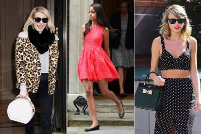 A influência das celebridades: Emma Roberts, com bolsa da marca; Malia Obama, com vestido de renda de Kate Spade, e Taylor Swift, com bolsa criada por ela.