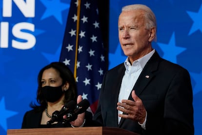 El candidato demócrata junto a Kamala Harris, este jueves, en Wilmington.