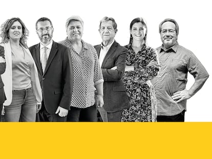 De izquierda aderecha, los ocho alcaldes protagonistas: Núria Parlón (PSC), de Santa Coloma de Gramenet; Abel Caballero (PSOE), de Vigo; Aina Benavent (Compromís), de Quatretonda; Juan Franco (La Línea 100x100), de La Línea de la Concepción; Noelia García (PP), de Los Llanos de Aridane; Luis Partida (PP), de Villanueva de la Cañada; Leticia Santos (BNG), de Moaña, y Francisco Guarido (IU), de Zamora.