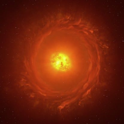 Reconstrucción artística de la estrella WOH G64, la primera estrella fuera de nuestra galaxia fotografiada en primer plano.