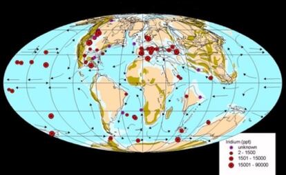 Mapa paleogeográfico de la distribución y la concentración de iridio del asteroide en todo el mundo