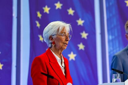 La presidenta del BCE,  Christine Lagarde, durante la comparecencia posterior al consejo de gobierno del banco, el pasado 5 de junio en Fránkfort.
