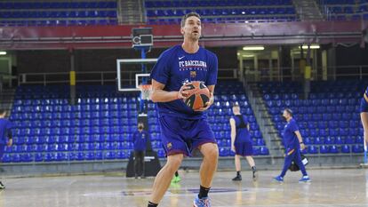 Pau Gasol en su primer entrenamiento con el Barcelona.