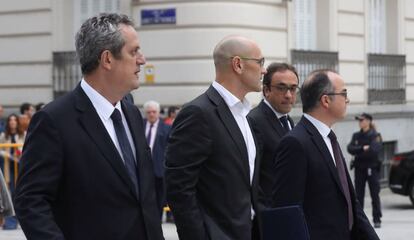 Los exconsejeros de la Generalitat de Catalu&ntilde;a Joaquim Forn, Raul Romeva, Jordi Turull y Josep Rull a su llegada a la Audiencia Nacional.