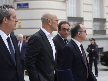 Los exconsejeros de la Generalitat de Catalu&ntilde;a Joaquim Forn, Raul Romeva, Jordi Turull y Josep Rull a su llegada a la Audiencia Nacional.
