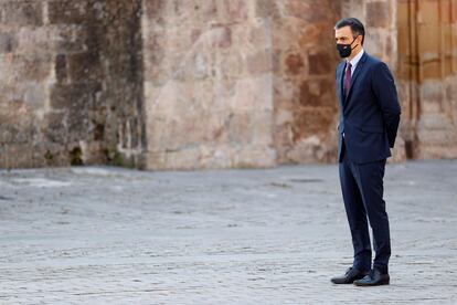 El presidente del Gobierno, Pedro Sánchez,  este viernes el monasterio de San Millán de Yuso, en San Millán de la Cogolla.