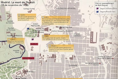 Infografía sobre la muerte de Durruti en noviembre de 1936, del <i>Atles de la Guerra Civil a Catalunya.</i>