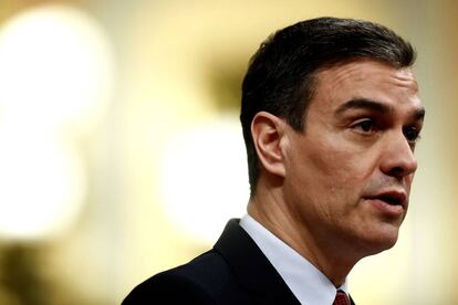 El presidente del Gobierno Pedro Sánchez durante su comparecencia ante el Congreso para pedir la prórroga del estado de alarma hasta el próximo 11 de abril.