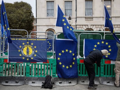 Banderas europeas de protesta frente al Parlamento brit&aacute;nico.