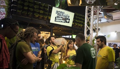 Diverses persones fumant a la fira Spannabis.