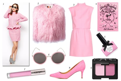 1. Asos. 2. MSGM Chaqueta de pelo. 3. Valentino Vestido sin mangas con cuello cisne. 4. Olympia Le-Tan Clutch en forma de libro. 5. Ciaté Laca de uñas. 6. Gentle Monster Gafas de sol con montura de metal. 7. CARGO Lip gloss 'Essential'. 8. Asos Salón de ante. 9. NARS Paleta de sombras de ojos.